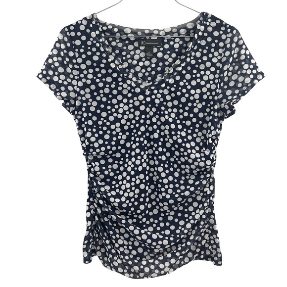 INC International Concepts Tops - INC Womens Navy White Polka Dot Mesh Ruched V Neck Top Parisian‎ Women's XL